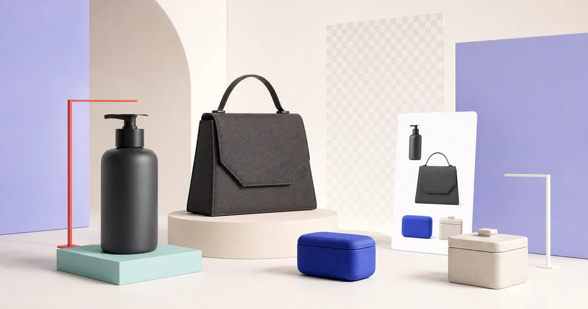 Unbranded retail products arranged in a studio for clean background preparation