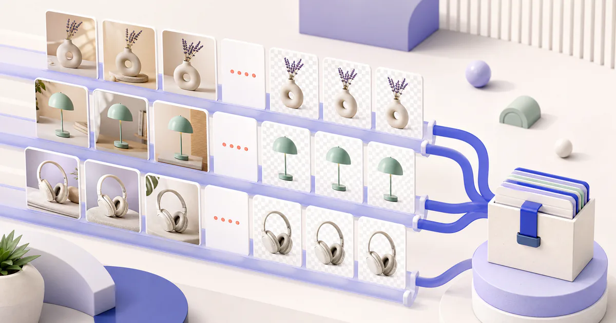 Rows of product images moving through a background-removal queue into a bundled export