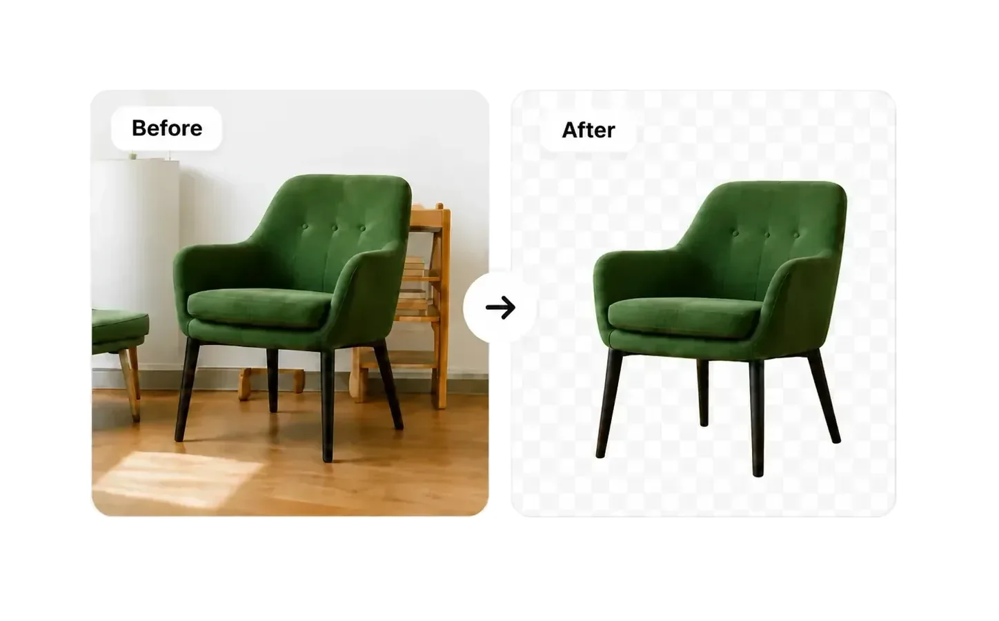 Before and after background removal example with a green chair
