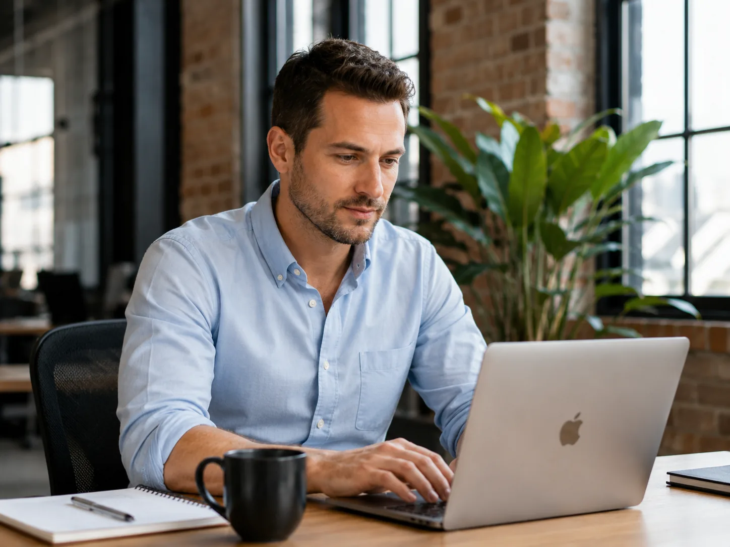 Agency professional working on a laptop in a bright office