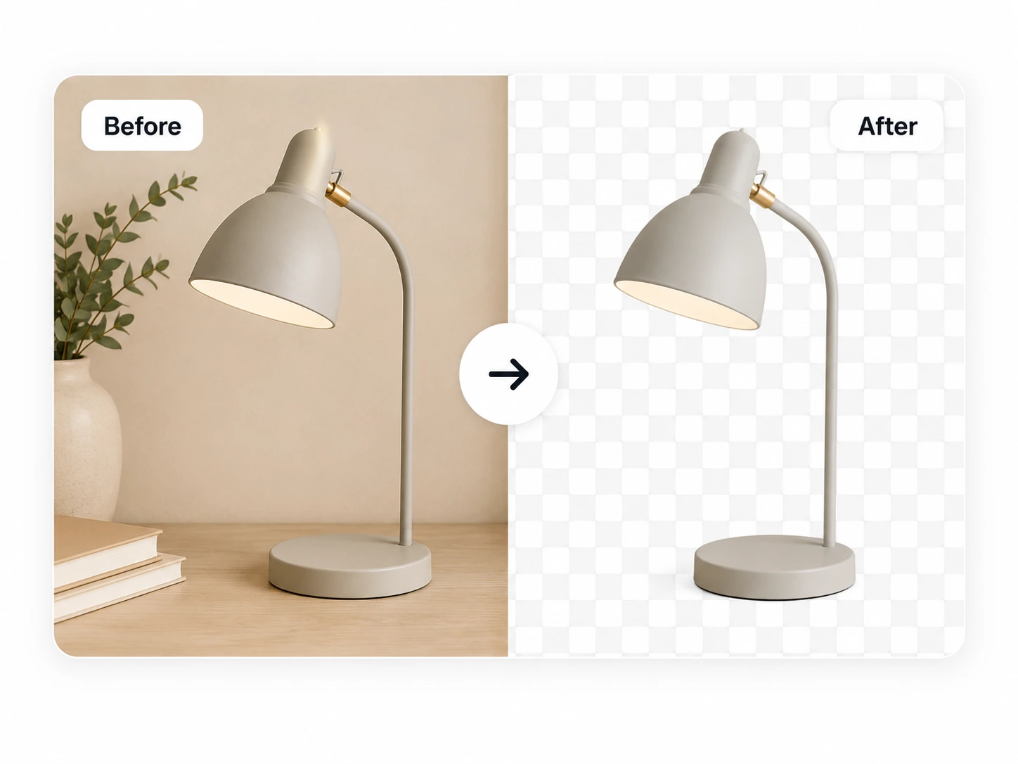 Before and after background removal comparison for a desk lamp