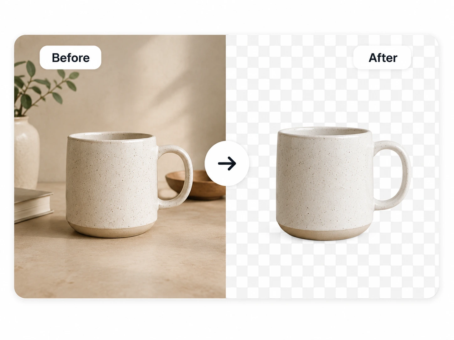 Before and after background removal comparison for a ceramic mug