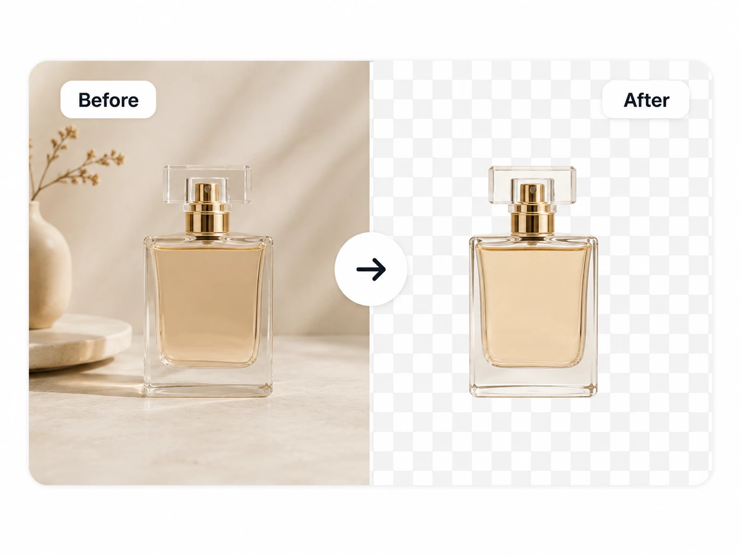 Before and after background removal comparison for a perfume bottle