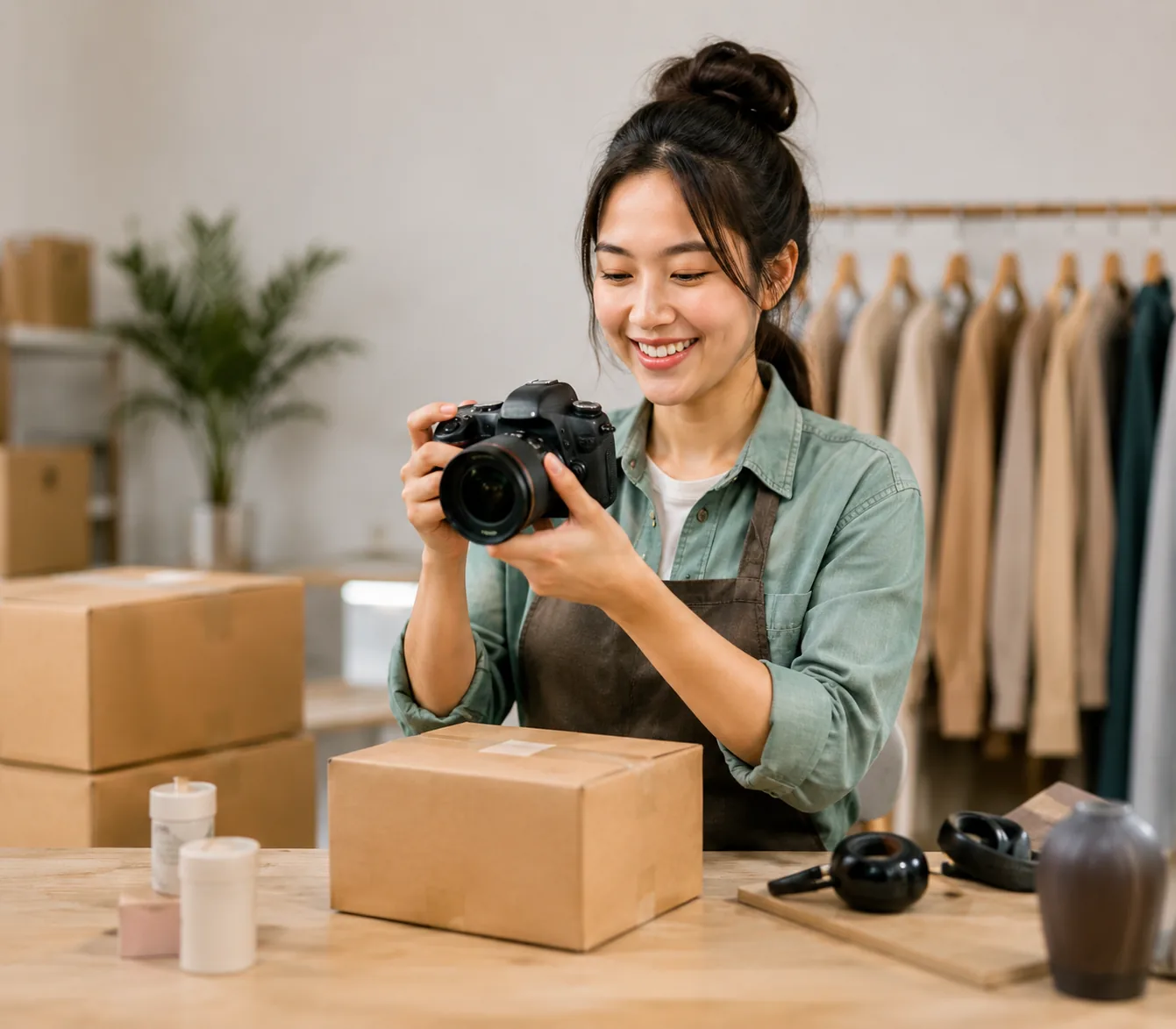 Online store owner photographing products for shipping