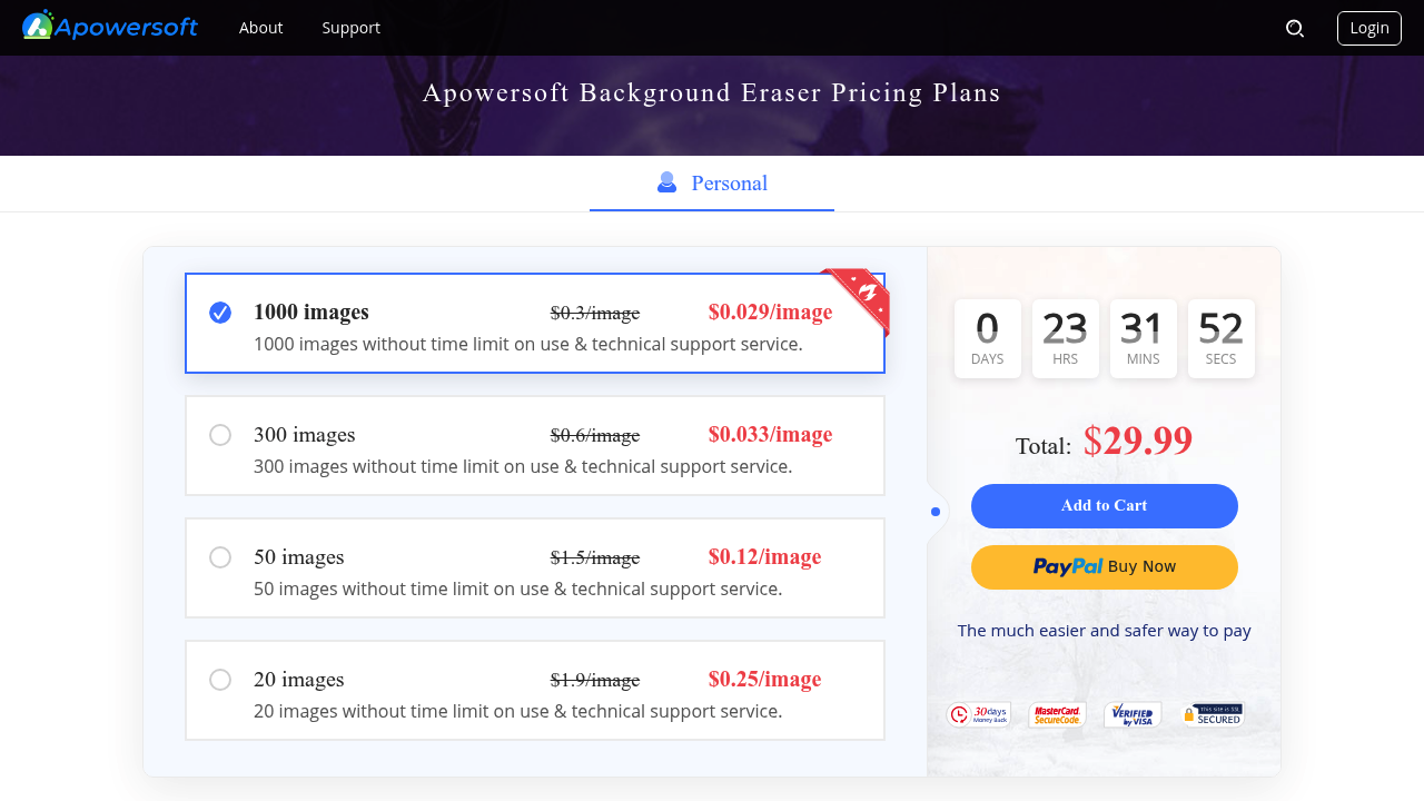 Apowersoft Background Eraser page showing non-expiring image packs