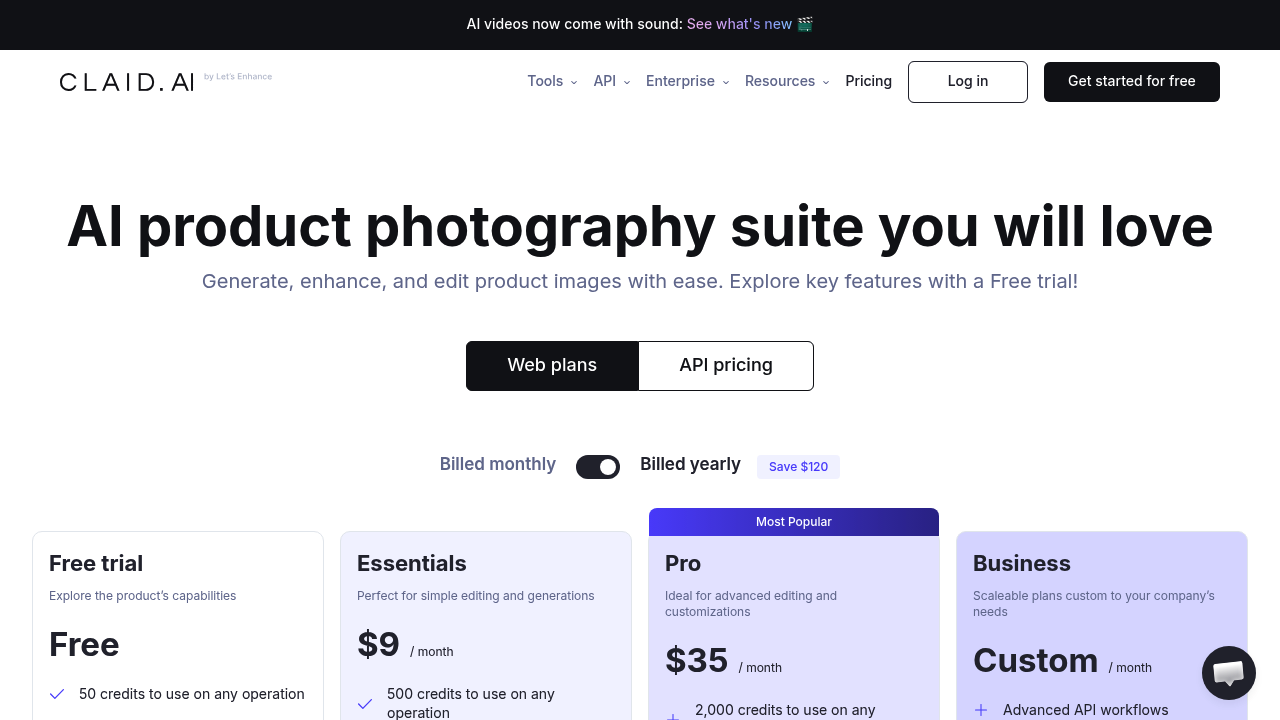 Claid pricing page showing Free, Essentials, Pro, and Business plans