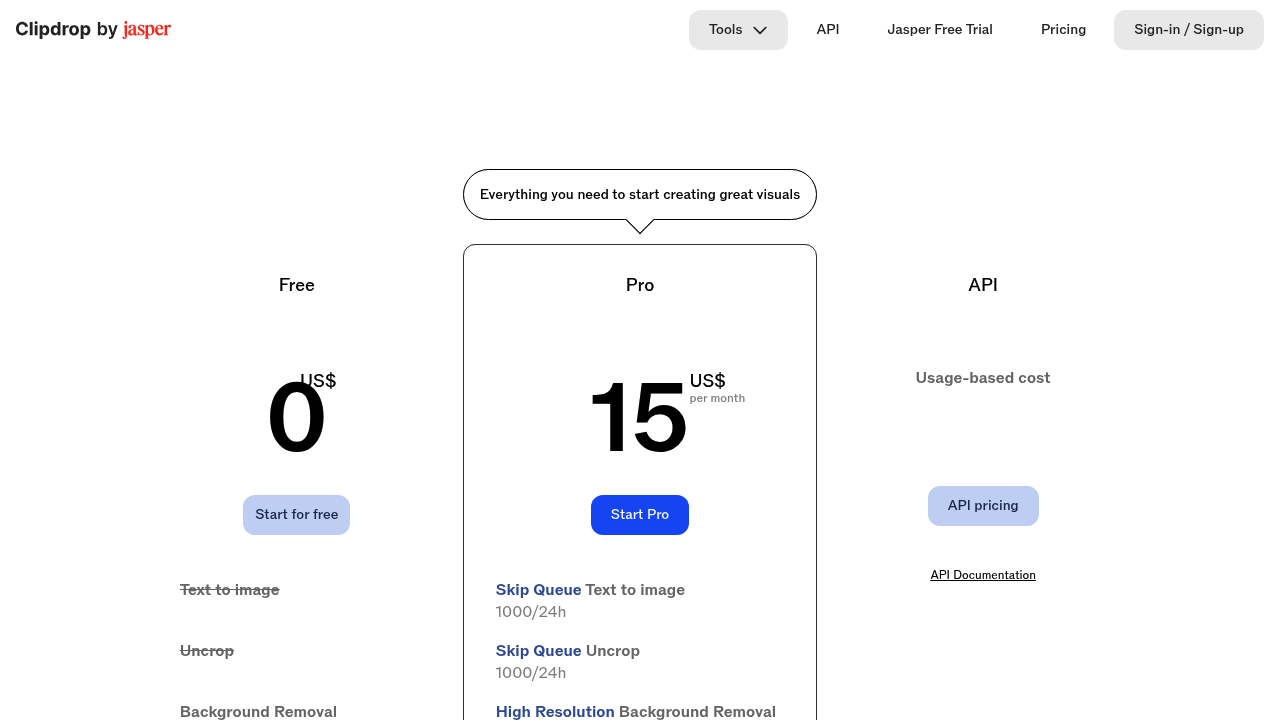Clipdrop pricing page showing Free and Pro plan columns
