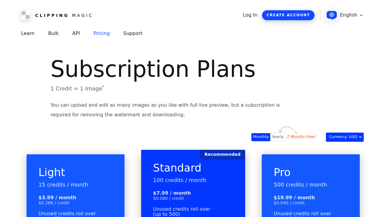 Clipping Magic subscription page showing Light, Standard, and Pro plans