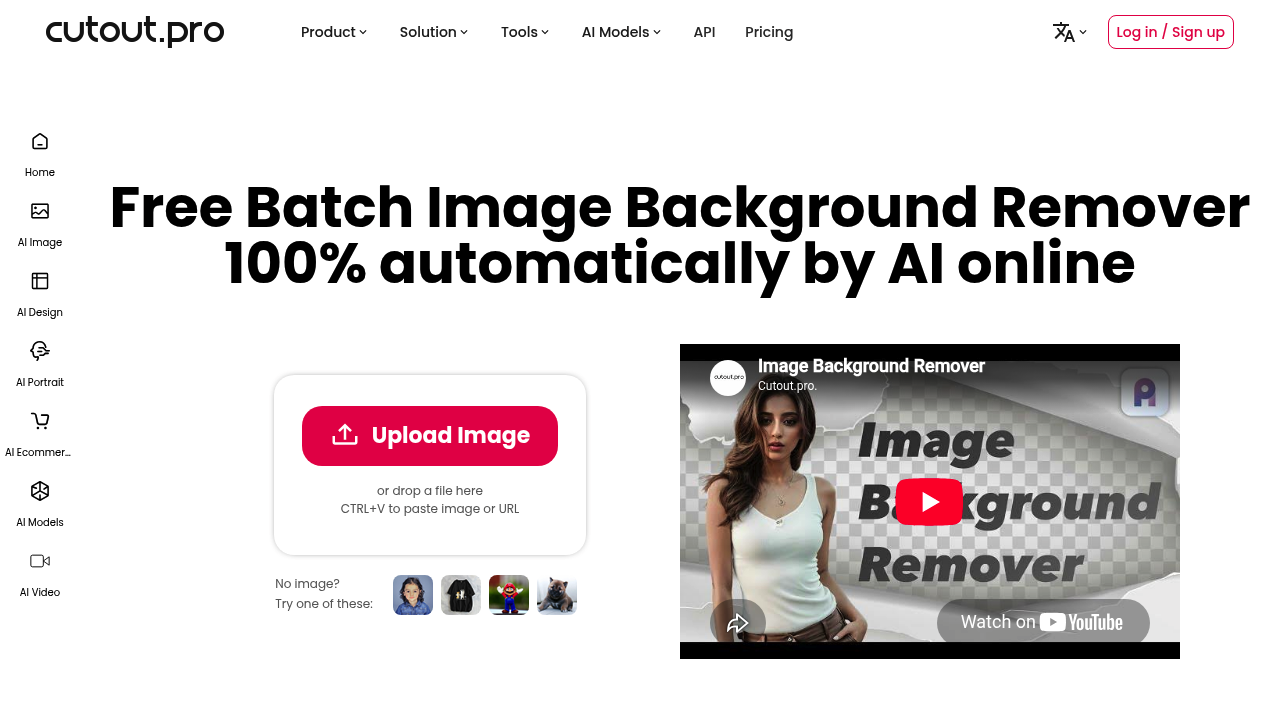 Cutout.pro background remover page with an image upload panel and sample product cutouts