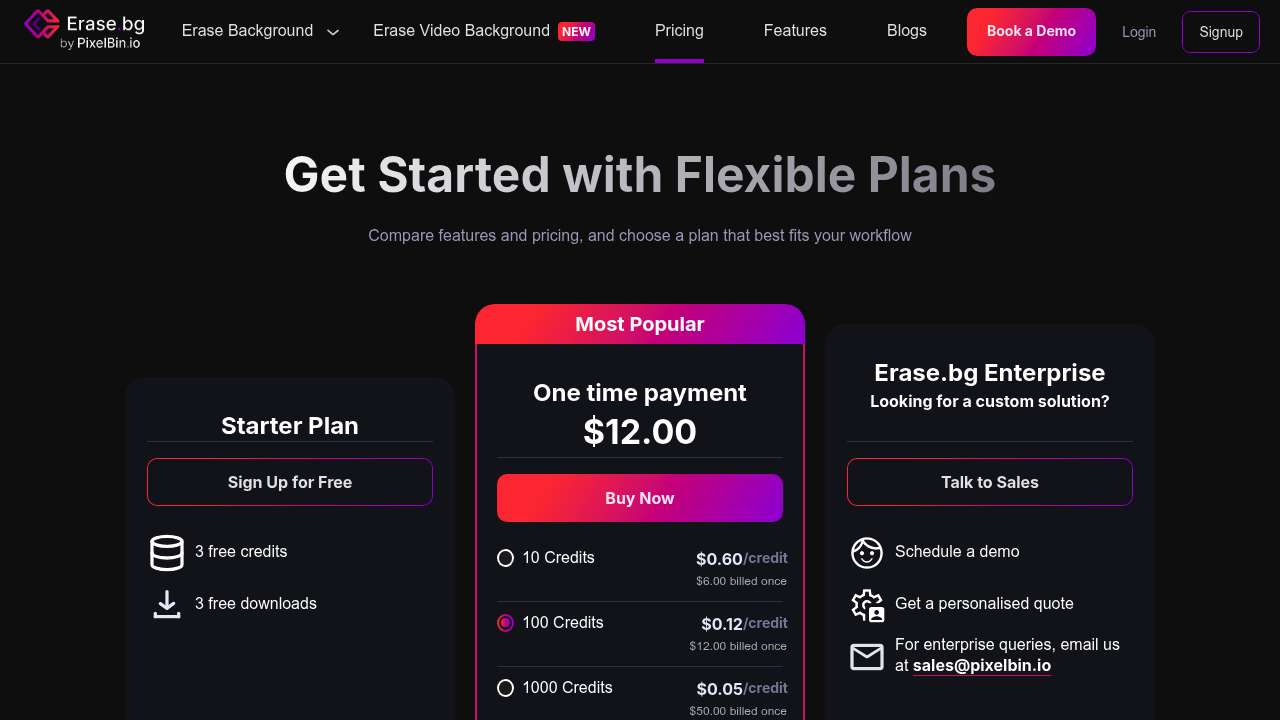 Erase.bg pricing page showing Starter, one-time, and enterprise options