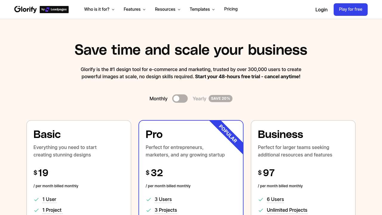 Glorify pricing page showing Basic, Pro, and Business monthly plans