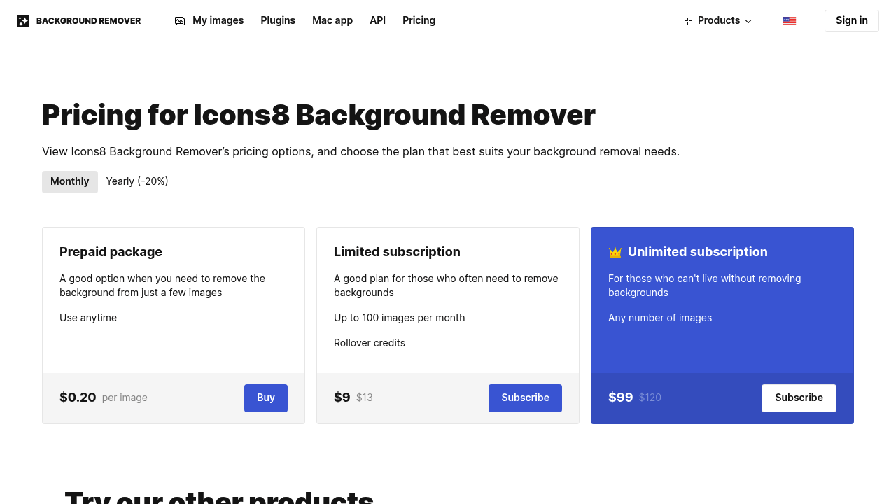Icons8 Background Remover pricing page with prepaid, limited, and unlimited options