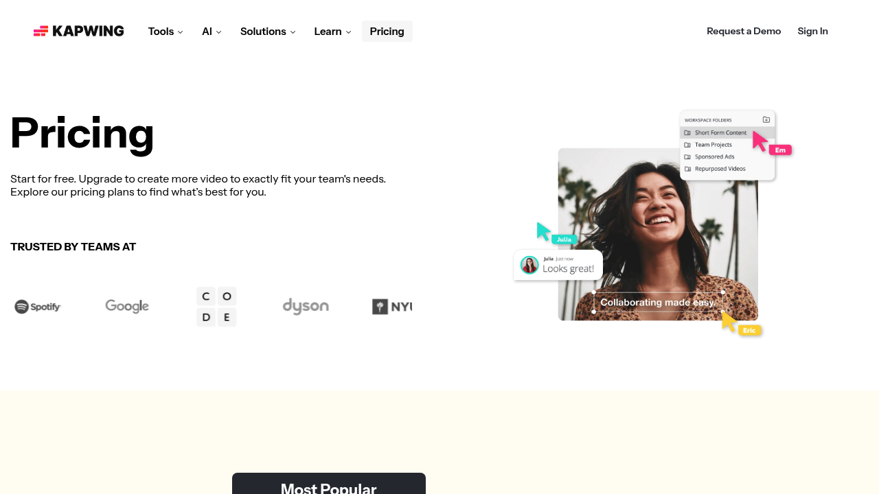 Kapwing pricing page with its creative workspace plans