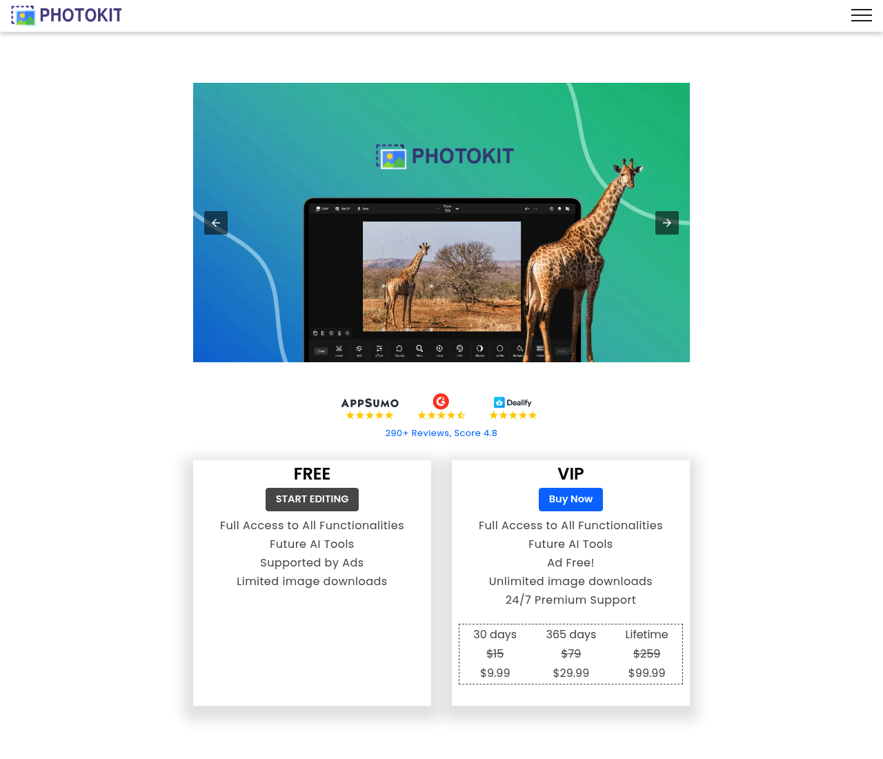 PhotoKit pricing page showing Free and VIP access options