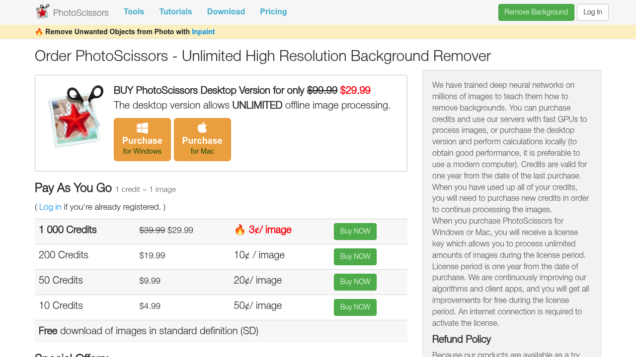 PhotoScissors pricing page showing desktop and pay-as-you-go options