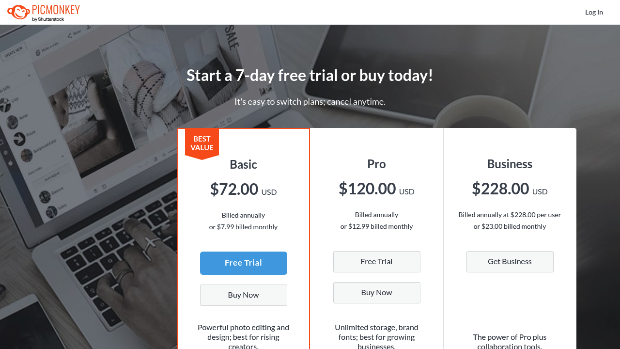 PicMonkey pricing page showing Basic, Pro, and Business plans
