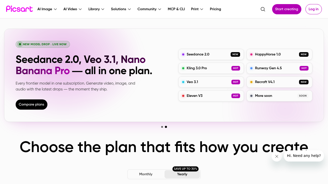 Picsart pricing page showing its paid creative subscription options