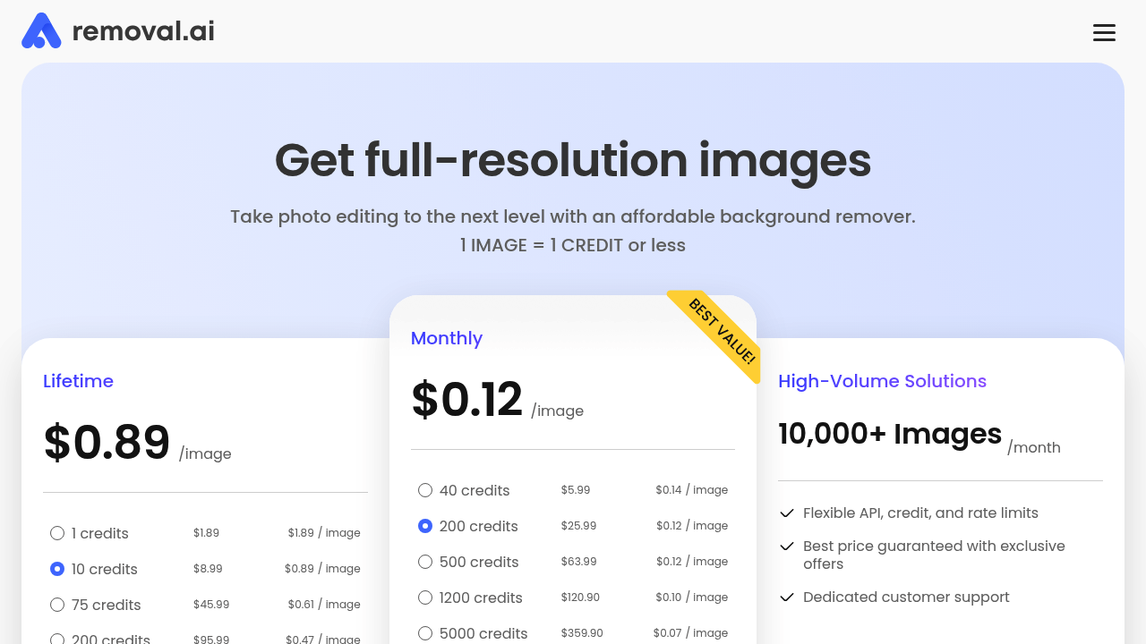 Removal.AI pricing page showing monthly plans and per-image rates