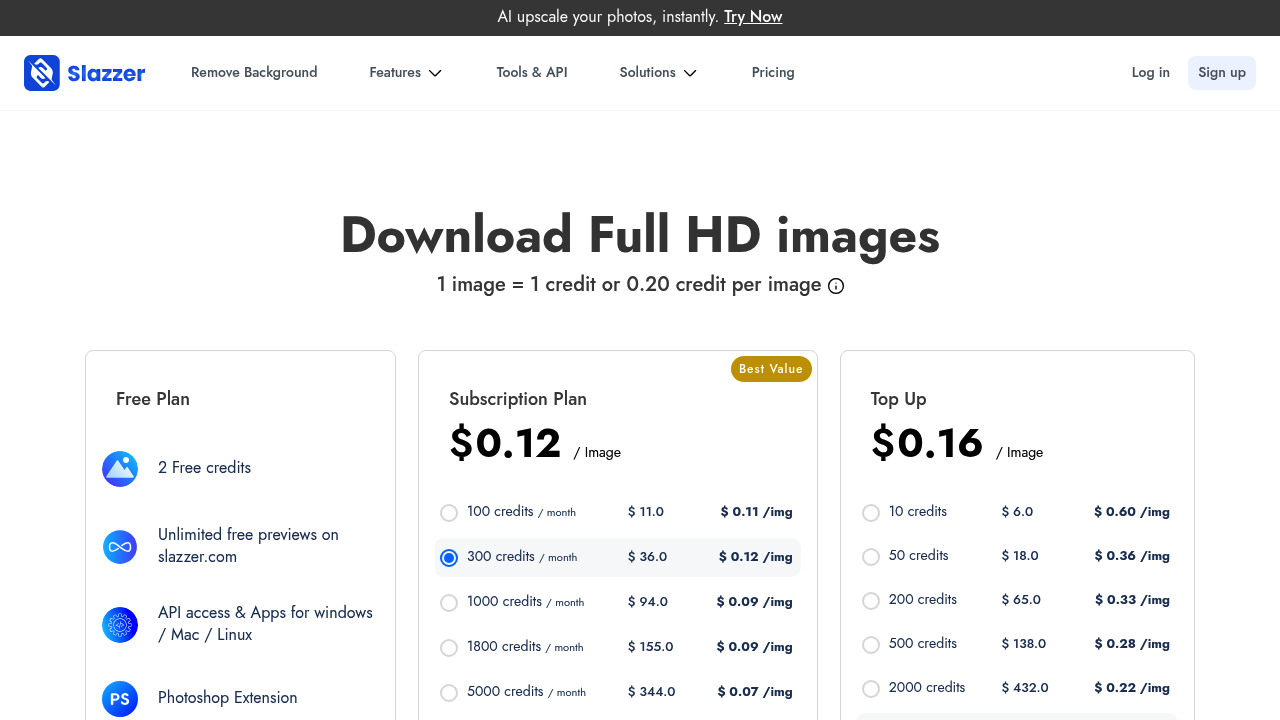 Slazzer pricing page showing free, subscription, and top-up options for full-resolution images