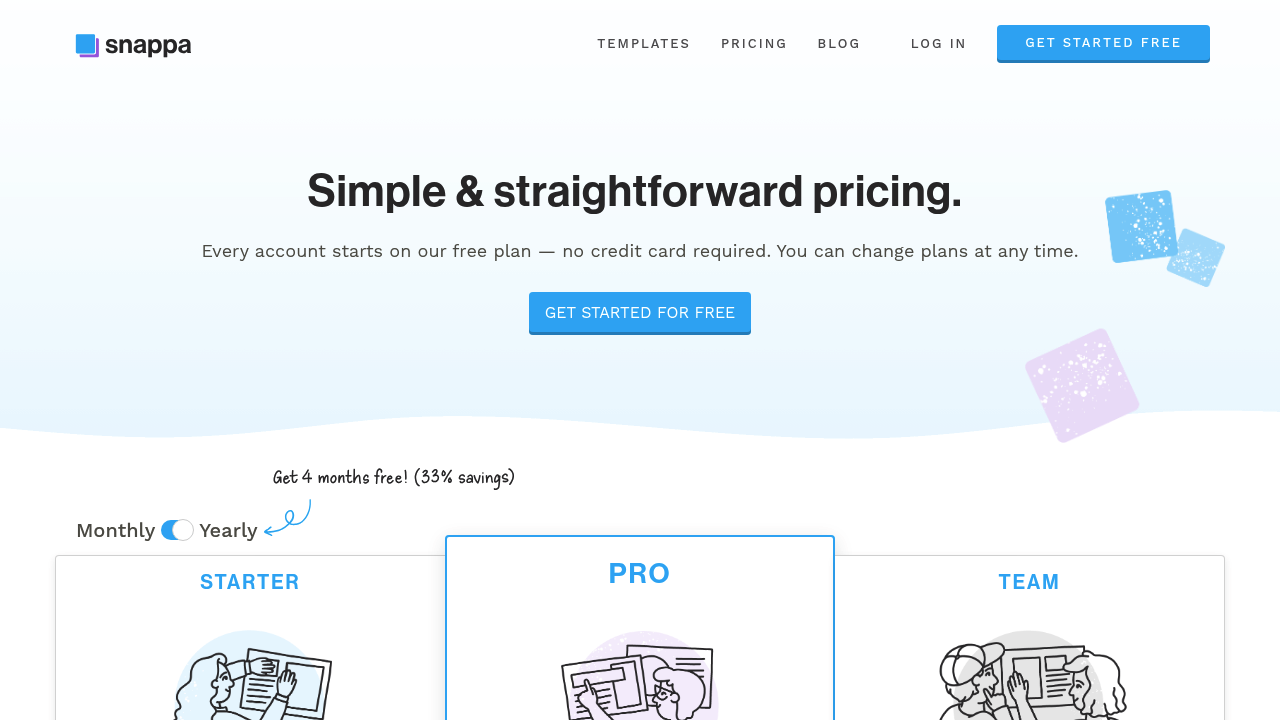Snappa pricing page showing Starter, Pro, and Team plans