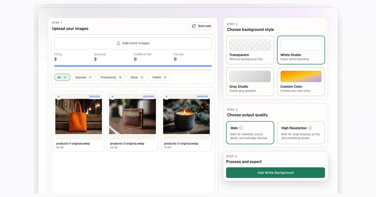 Screenshot of three product images uploaded and queued in Bulk Background Remover