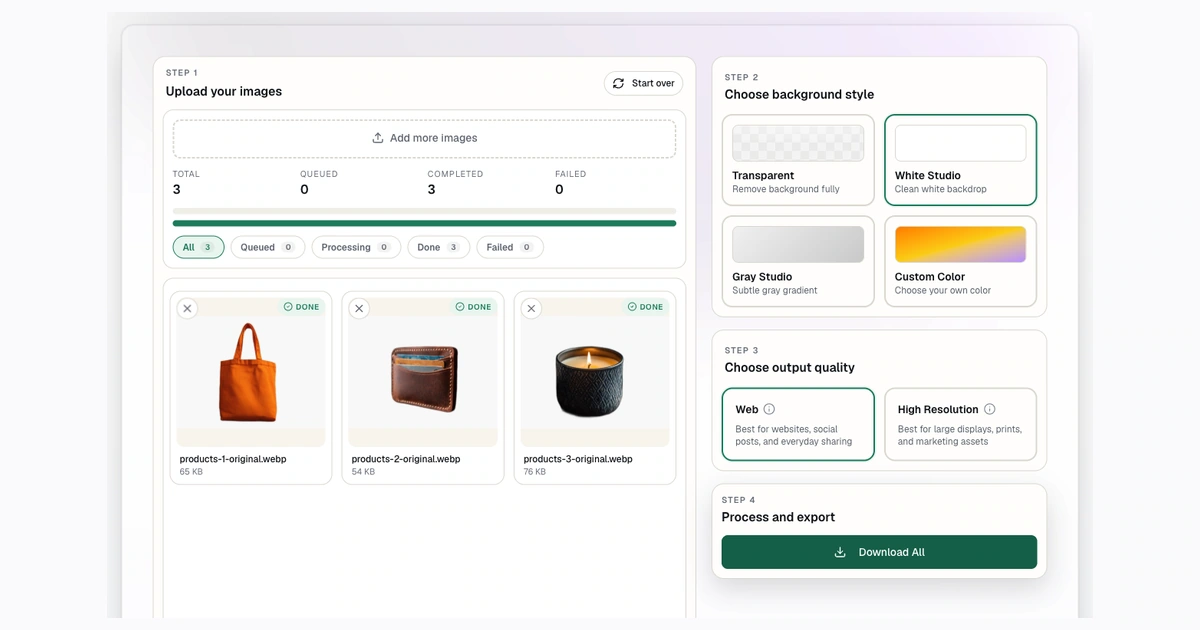 Screenshot of a completed bulk background removal batch with processed product images