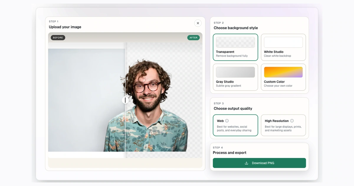 Screenshot of the live Background Remover before-and-after comparison slider after processing a portrait
