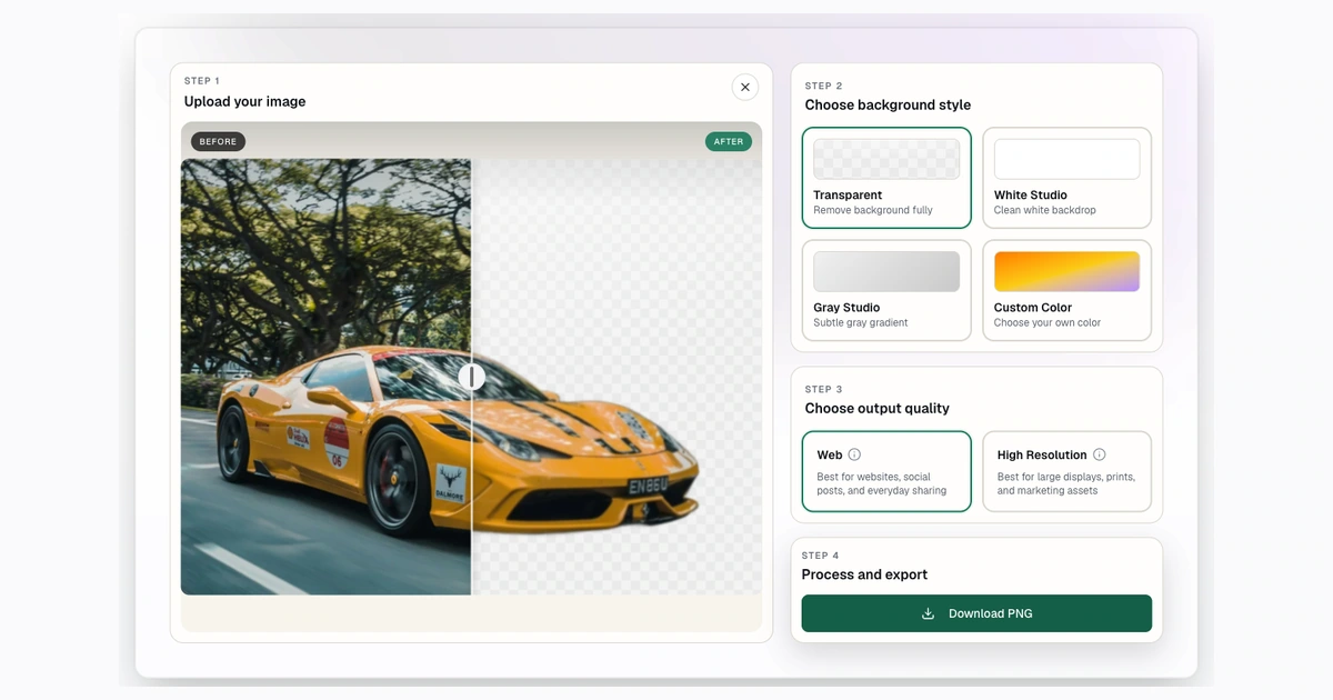 Screenshot of the before-and-after comparison slider showing a car background removed to transparency