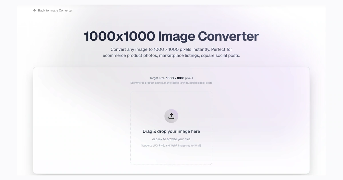 Screenshot of the 1000x1000 converter page for square product photo preparation after background removal