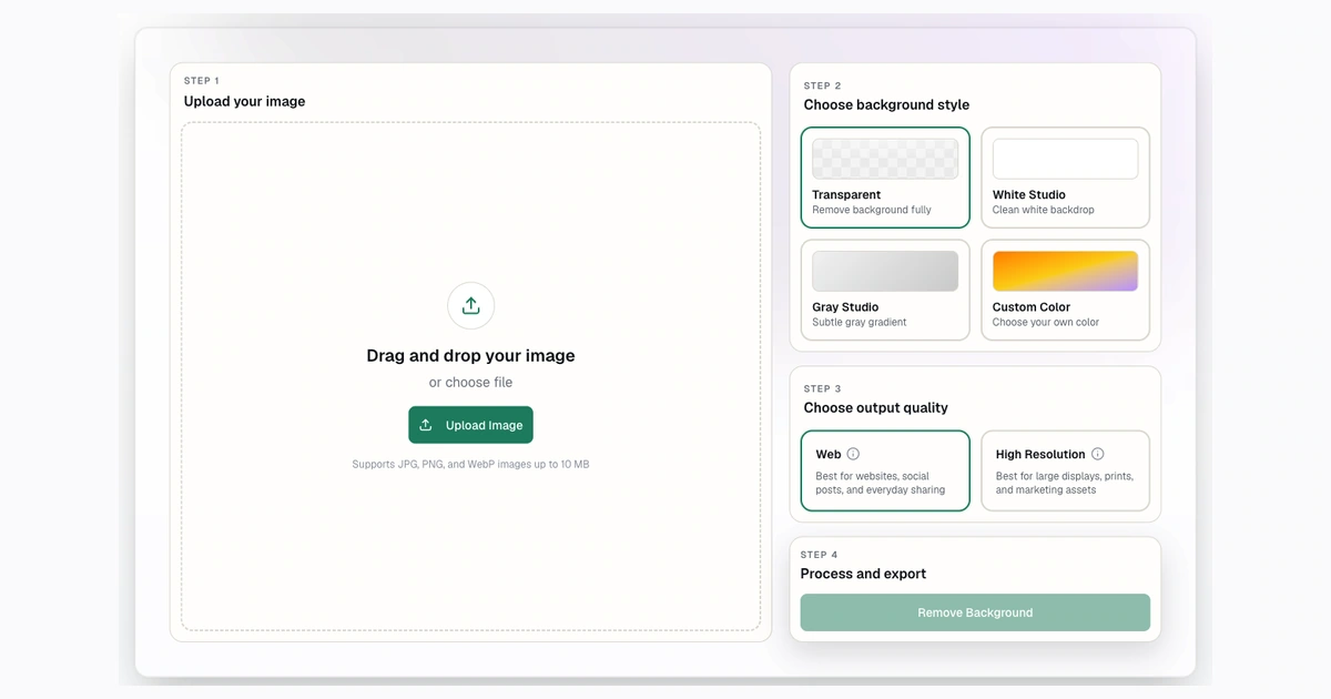 Screenshot of the empty Background Remover workflow before uploading a product photo
