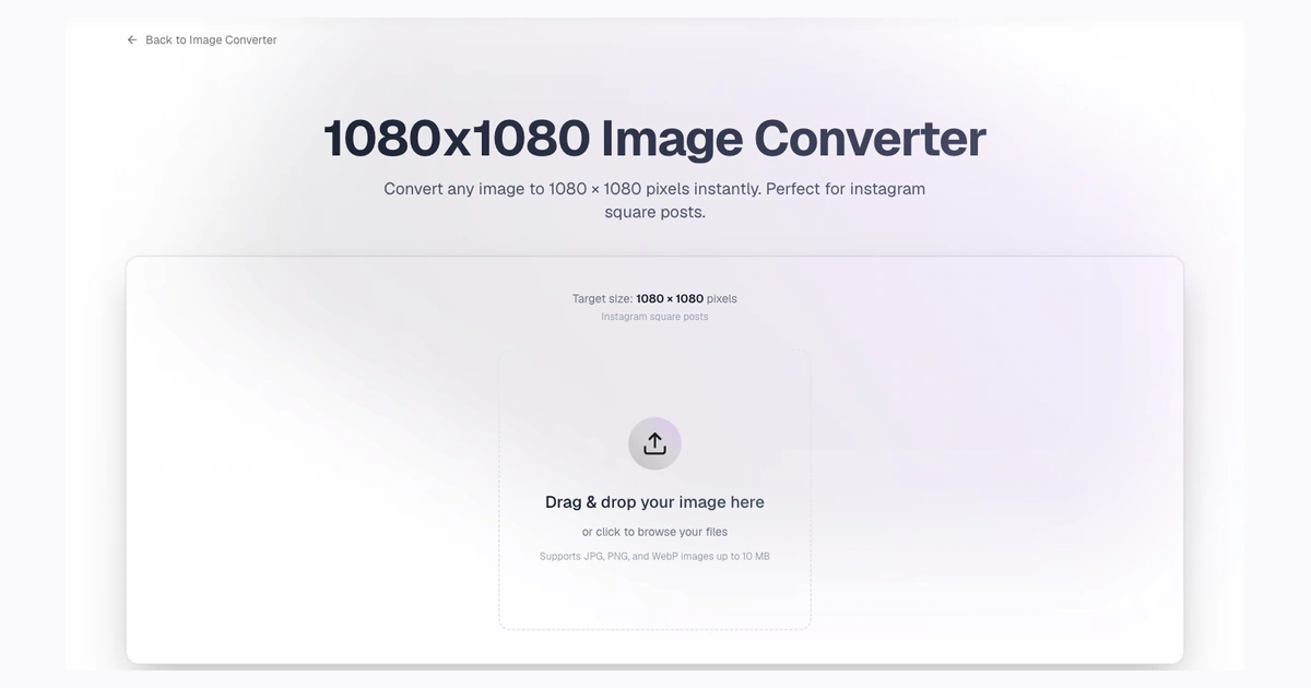Screenshot of the 1080x1080 converter page for exact square resizing