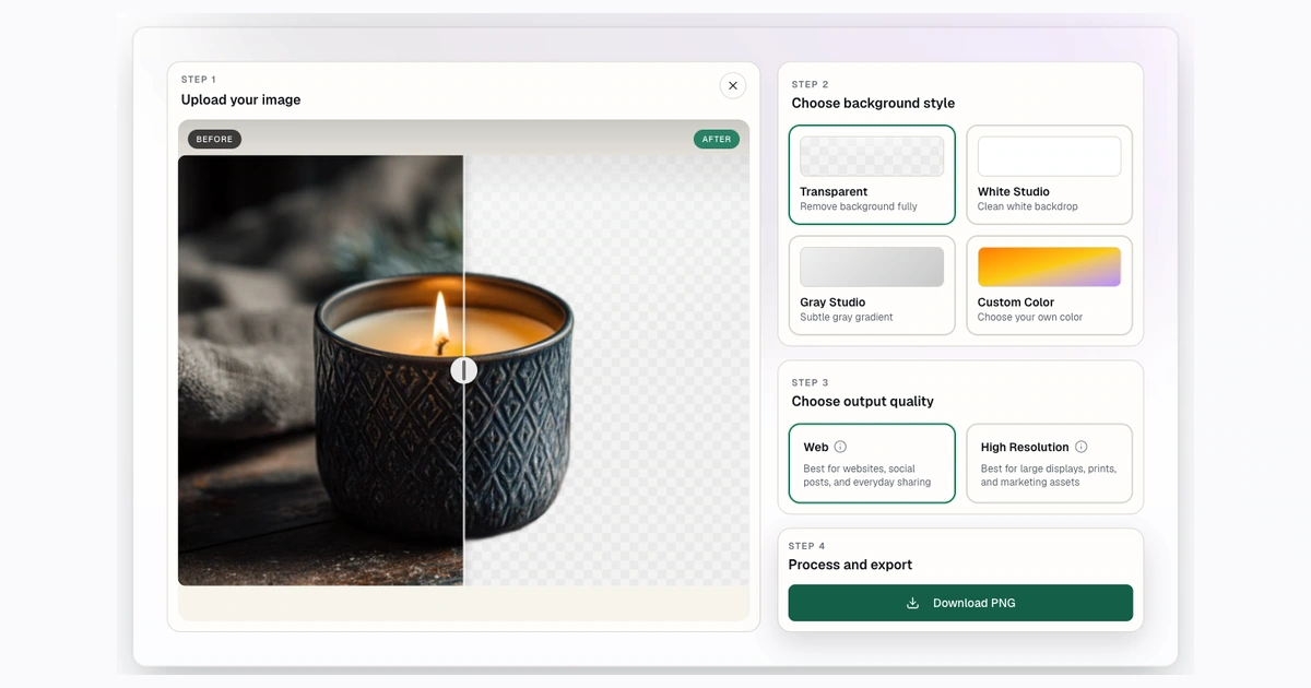Screenshot of the before-and-after comparison slider after removing a product background before resizing