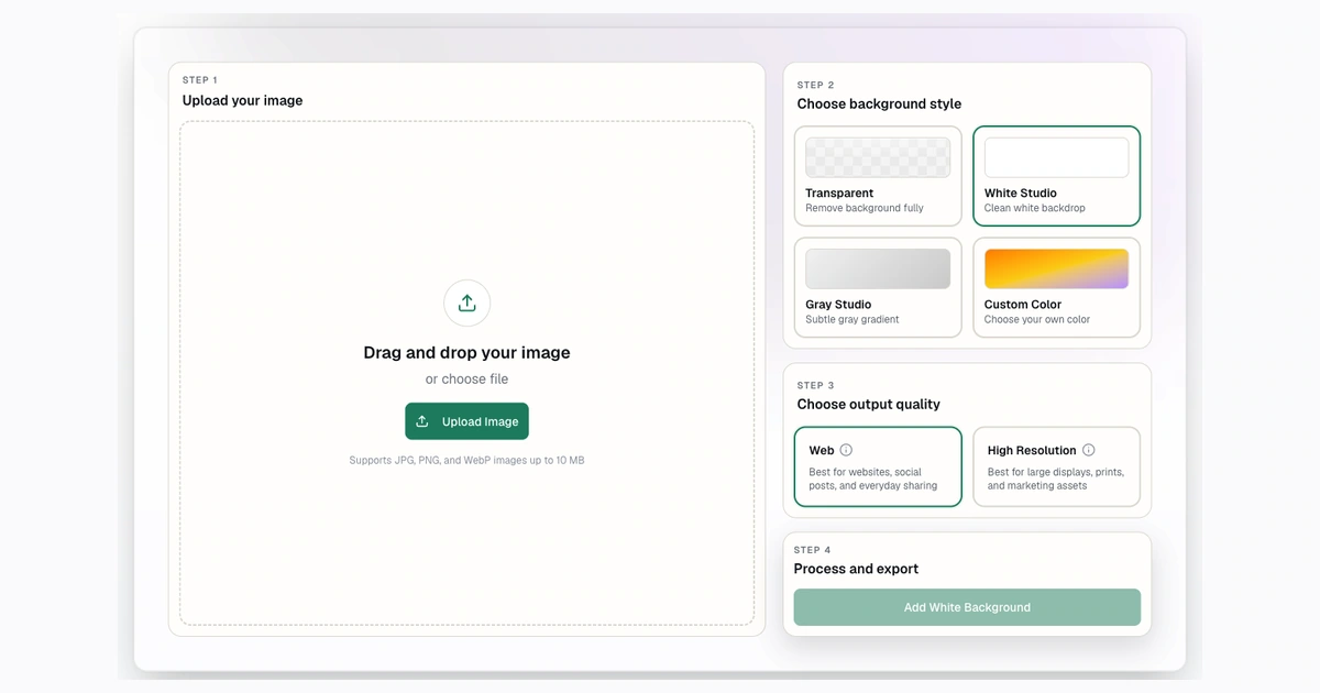 Screenshot of the empty Background Remover workflow with White Studio selected for product photos