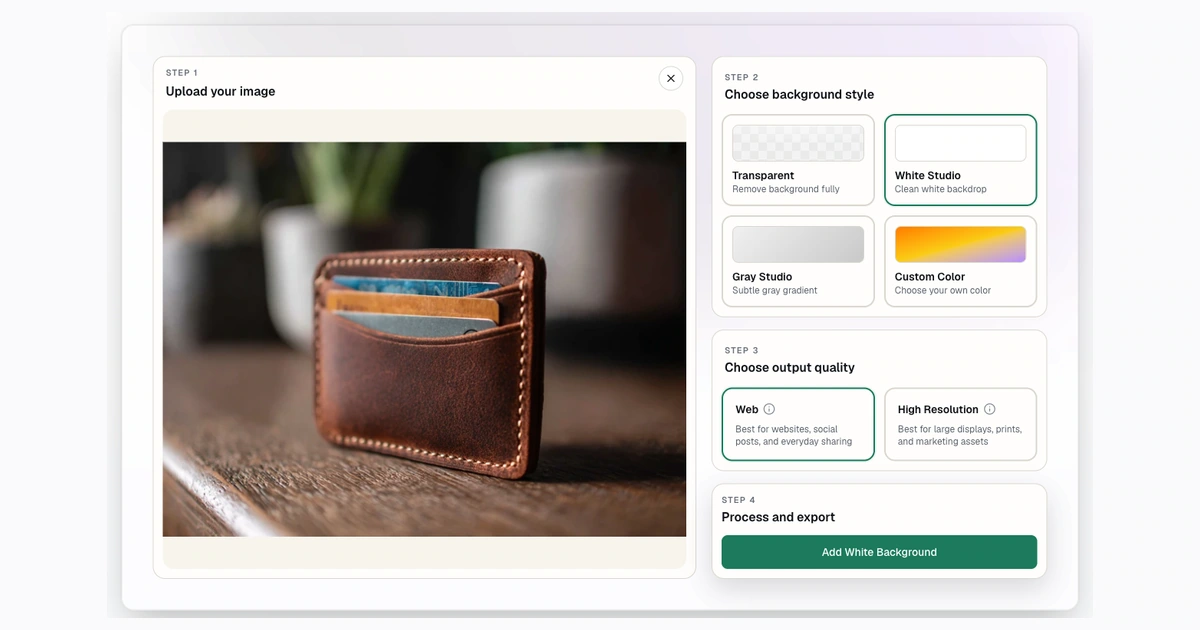 Screenshot of a product photo uploaded to Background Remover with White Studio selected